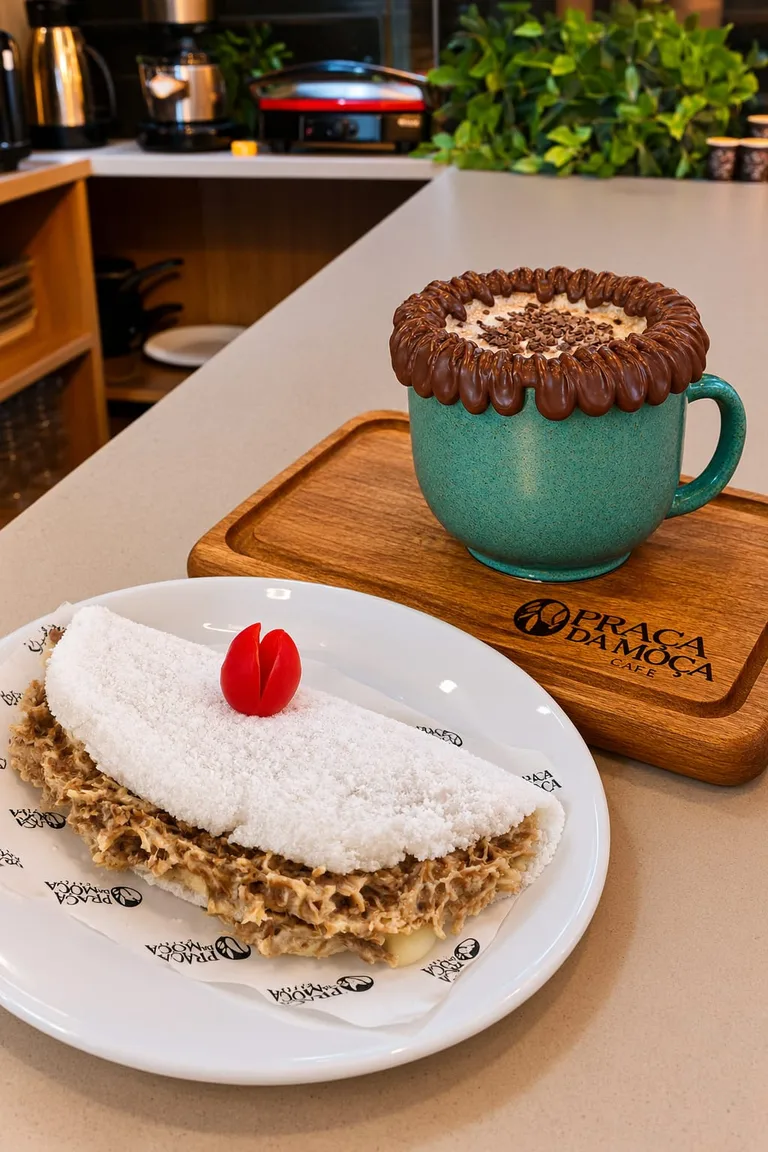 Tapioca de carne de sol cremosa  e cappuccino da moça
