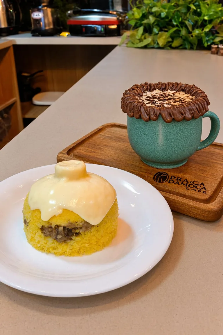 Cuscuz de carne de sol cremosa e cappuccino da moça